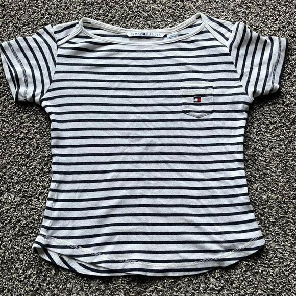 Tommy Hilfiger Shirt Women Medium White Navy Striped Baby Tee Soft Girl Babydoll - Picture 1 of 8